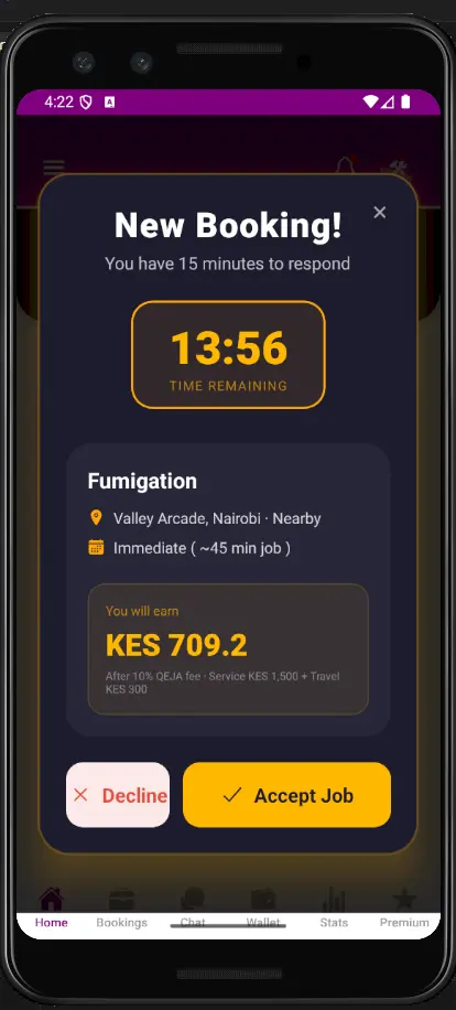 QEJA Job Incoming screen
